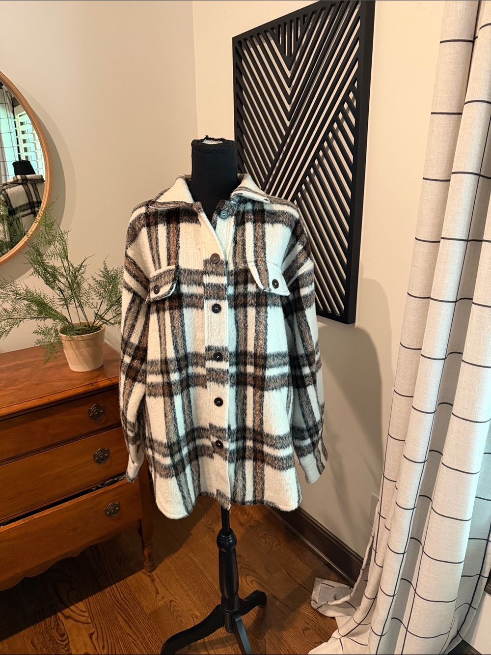 LA MIEL Cream and Brown Plaid Shacket medium